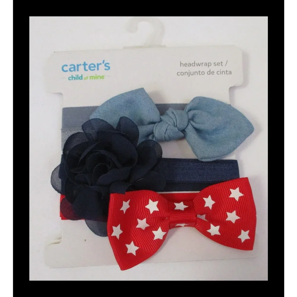Carter's Child of Mine Headwrap Set of 3 Lt Blue, Navy & Red Star NEW